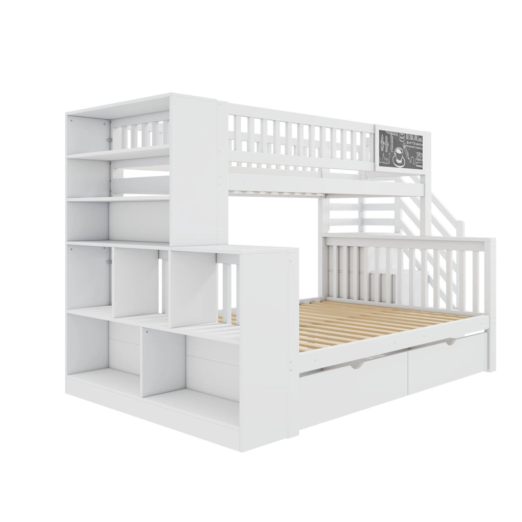 OKWISH Letto a Castello 140×200 cm e 90×200 cm, Letto 3 Posti con Scala Contenitore, Armadi e Lavagna, senza Materasso, Bianco