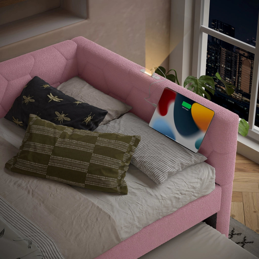 Letto singolo 90x200 cm con letto estraibile, lampada e porte USB