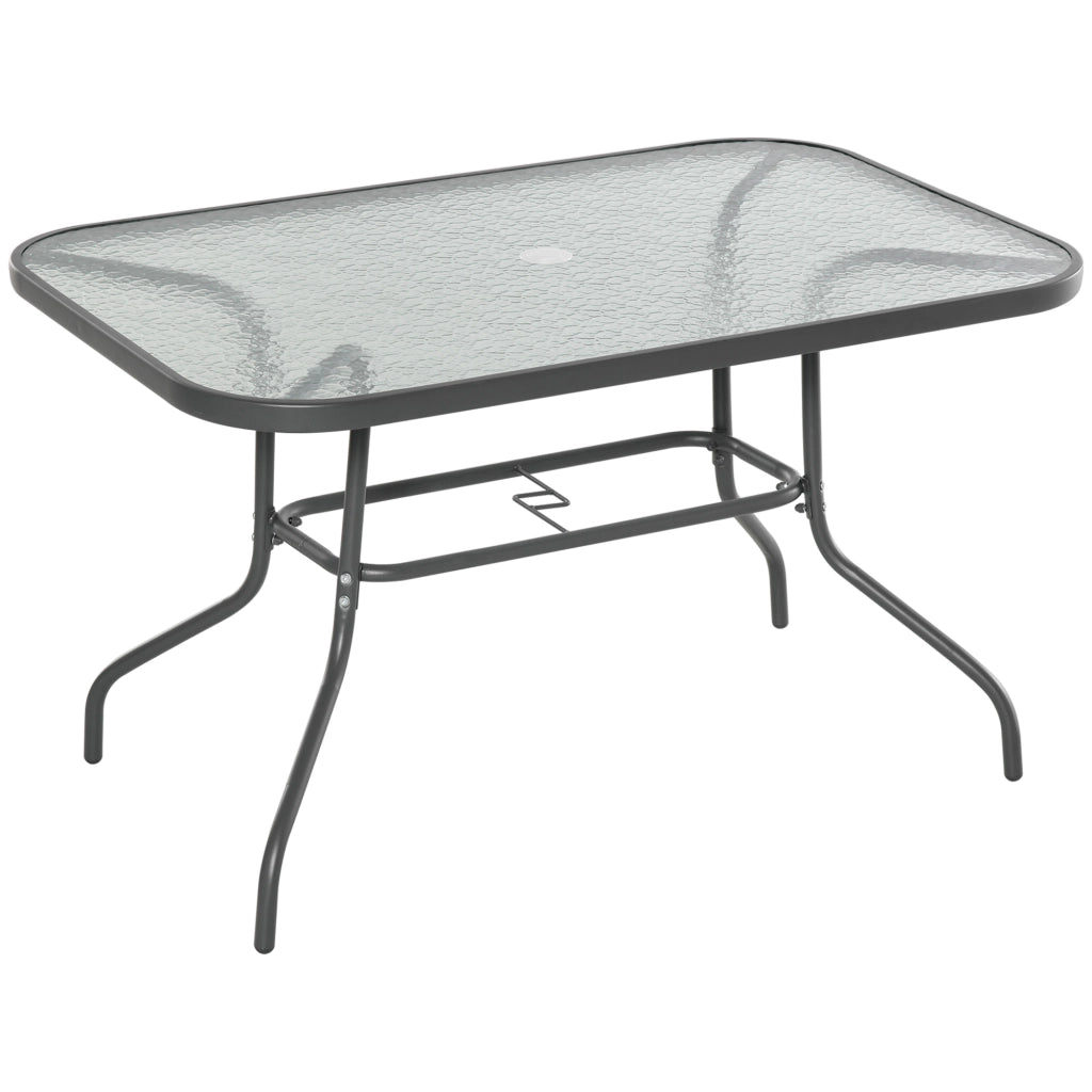 Tavolo da Giardino in Metallo e Vetro con Foro Ombrellone 120x80x70cm