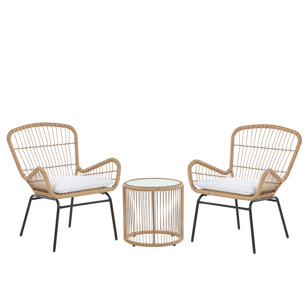 Set bistrot marrone finto rattan gambe in acciaio Nero 2 sedie con cuscini grigi piano tavolo in vetro moderno set da esterno a 2 posti