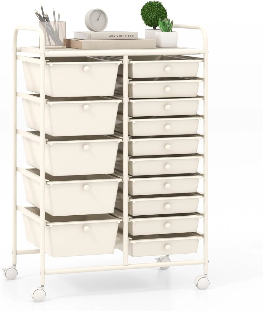 Carrello con 15 Cassetti Impilabili, Carrello di Stoccaggio con Ruote, Carello Portaoggetti per Casa e Ufficio, 62,5 x 37 x 87 cm (Bianco)