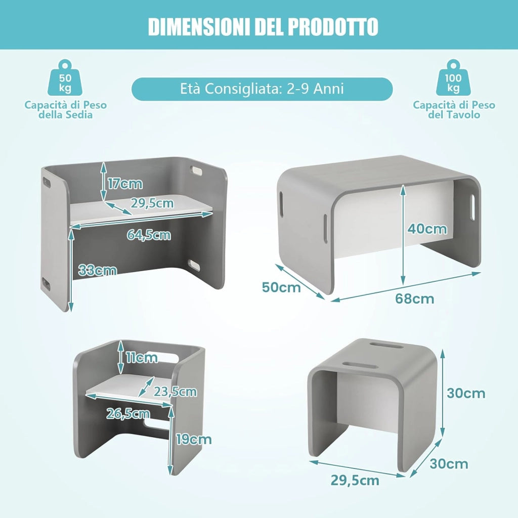 Set Tavolo e 2 Sedie per Bambini 2-9 Anni, Set Multiuso in Legno di Faggio con Maniglie Ergonomiche, Design Salvaspazio, Senza Montaggio, Portata 100 kg (Grigio)