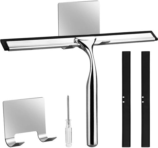Douchewisser in acciaio inossidabile 25CM con supporto, vetrospatolo con 3 labbra di silicone e chiave a croce per vetro, utile per pulire vetri in bagno, cucina, specchi e vetri auto.