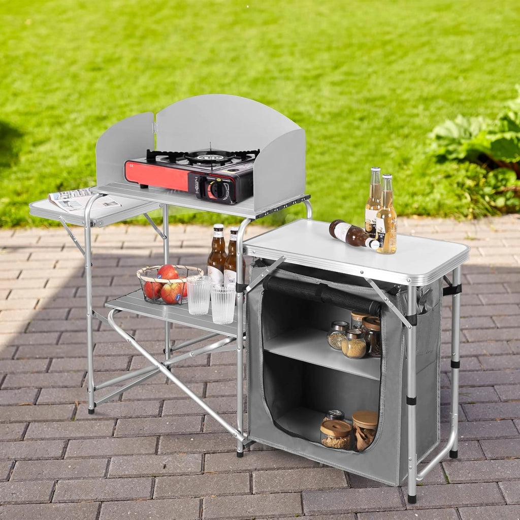 Mobile Cucina da Campeggio Tavolo Pieghevole da Giardino Armadio da Campeggio Tavolo Campeggio Tavoli a Valigetta da Balcone da Cucina in Alluminio e MDF con Sacca di Trasporto