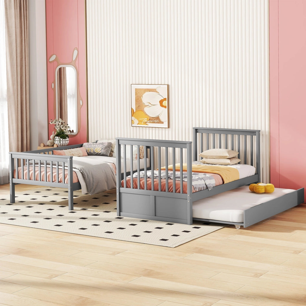 OKWISH Letto a Castello 90×200 cm, Letto 3 Posti con Letto Estraibile, Scala e Sponde Alte, senza Materasso, in Pino, Grigio