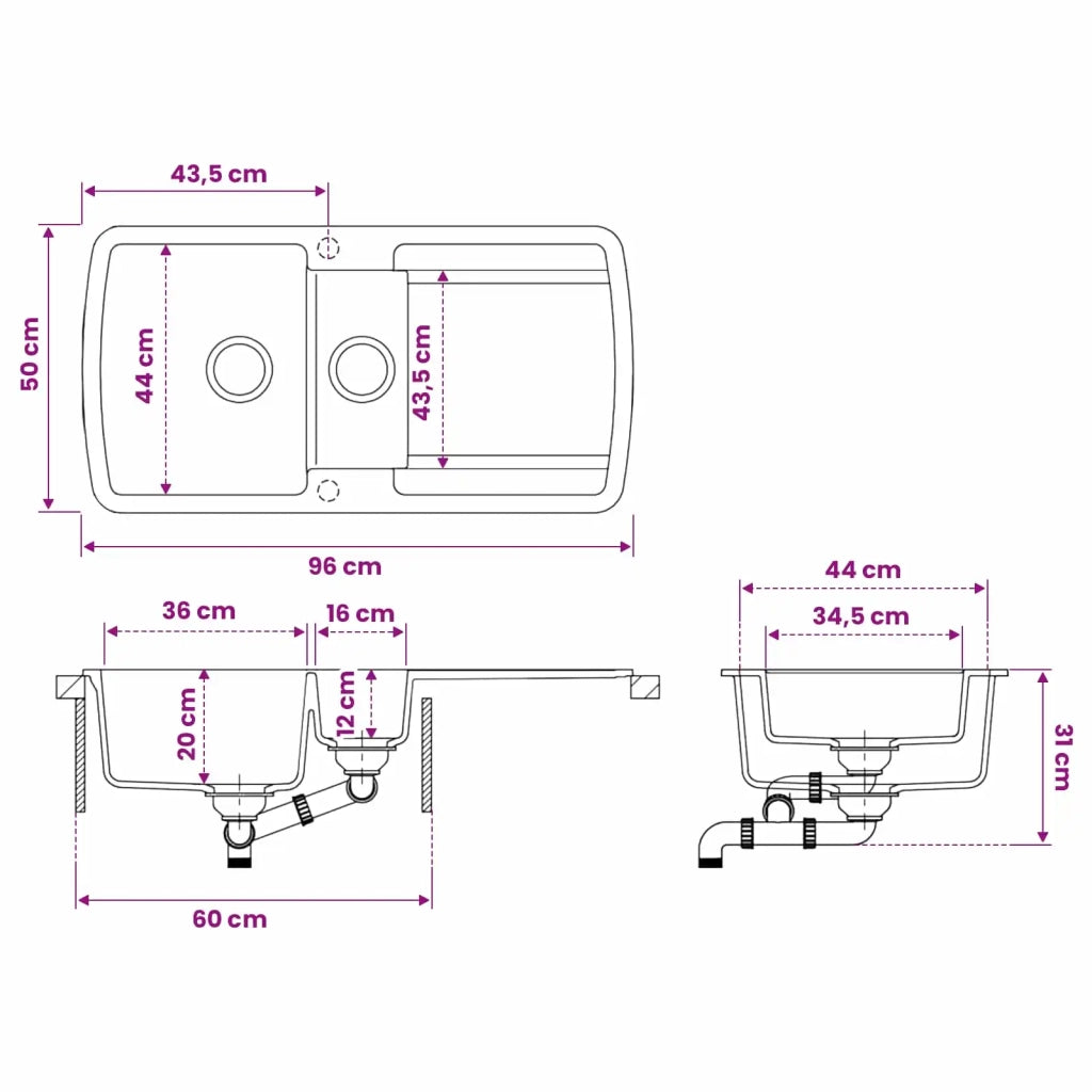 Lavello da cucina a doppia vasca Granito 96 x 50 x 31 cm 42053753