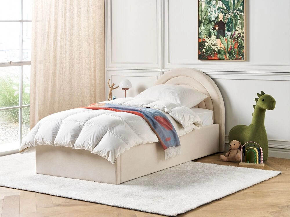 Letto con Contenitore in Velluto beige, Misura Singola 90 x 200 cm Design Minimalista Retro con Testiera a Mezza Luna con contenitore