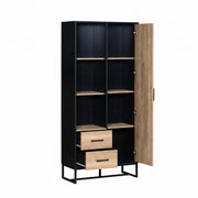 Credenza alta con anta, 2 cassetti e 3 nicchie, stile industriale moderno, in MDF nero e legno, 80 × 40 × 180 cm