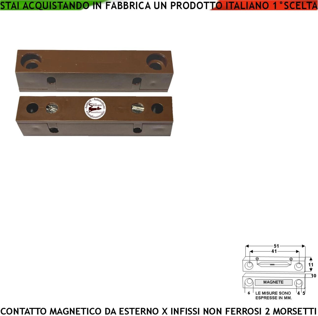 Sensore Apertura Porte Contatto Magnetico Esterno Reed Antifurto Sensibilità Magnetica 13 mm Tensione Transito Max 30 V 0,5 A Carico Resistivo Uscita NC 2 Morsetti Cover ABS Marrone Protezione IP40
