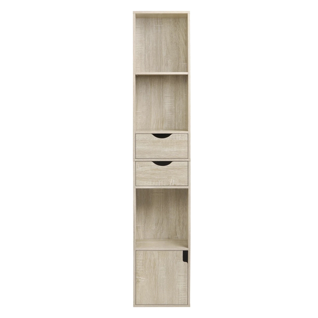 Libreria stretta in rovere chiaro con 2 cassetti e anta