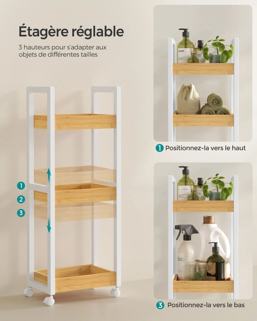 Carrello da bagno scaffale sottile da bagno carrello portaoggetti a 3 ripiani su ruote bambù salvaspazio 20 x 30 x 80 cm bianco 12_0005028