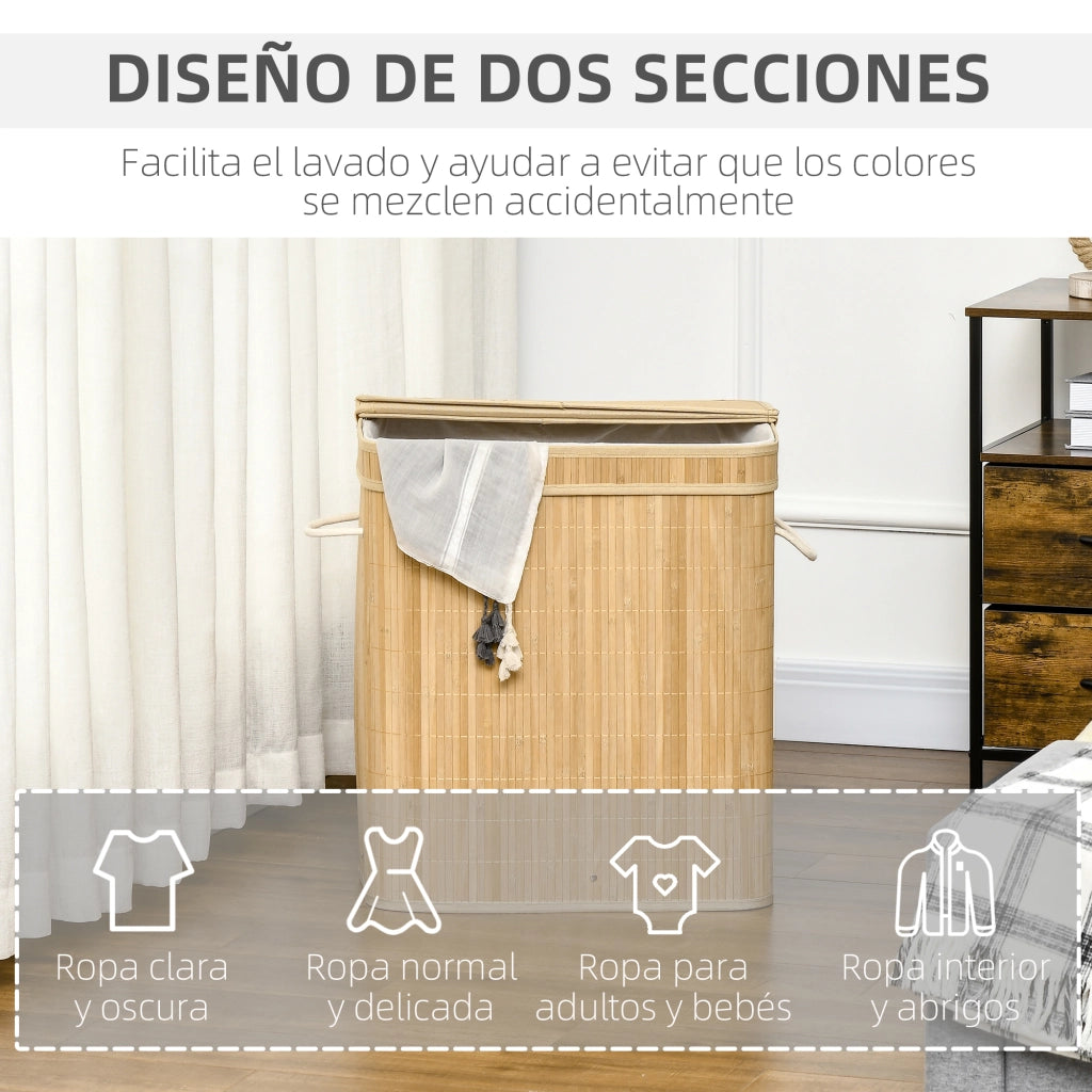 Cestino Lavanderia Bamb¨´ 90L 2 Scomparti con Asse e Fodera Interna Estraibile ¨C zephmum ¨C 54,2x35,2x59,5 cm Naturale