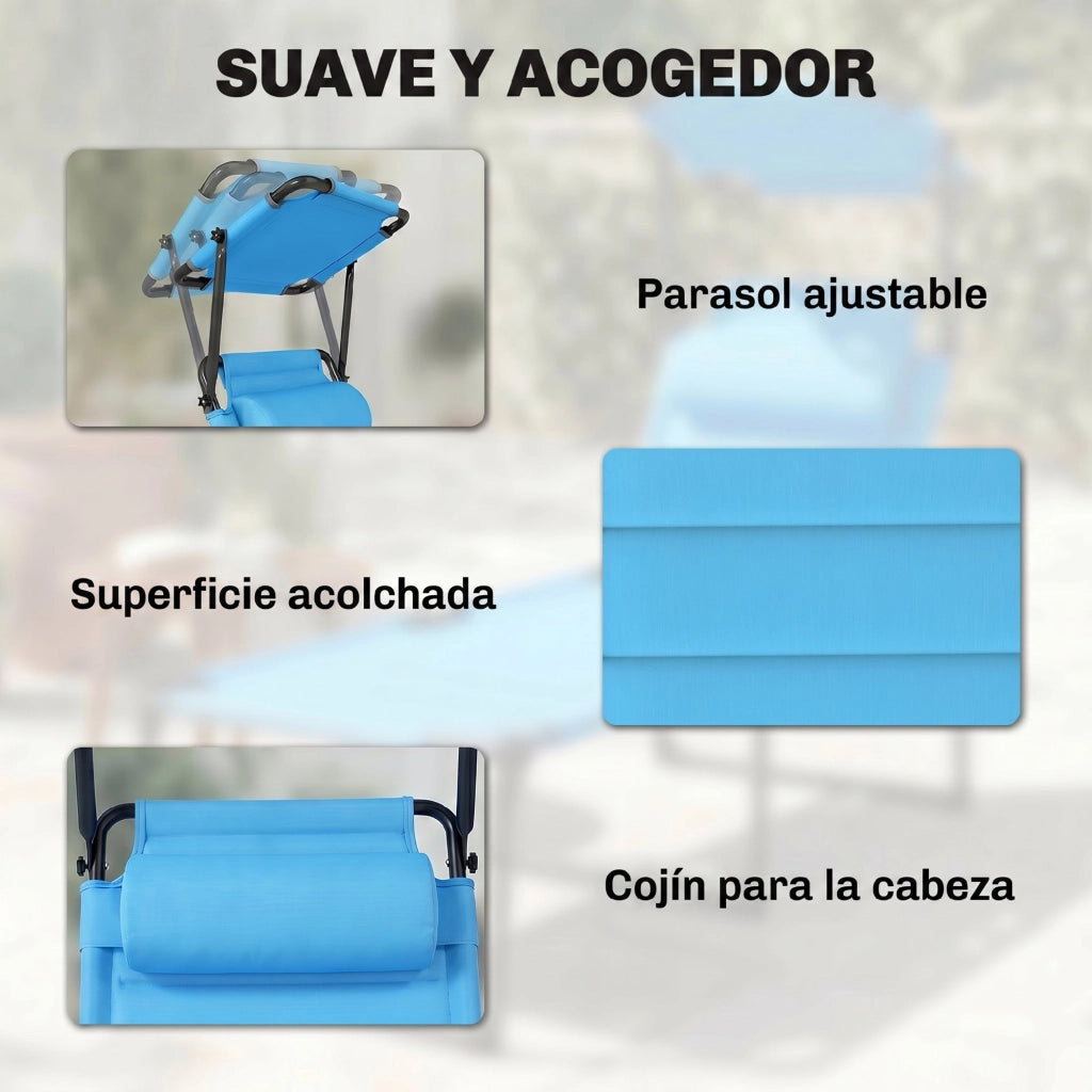 Tumbona da giardino con braccioli e ombrellone regolabile ¨C zephmum ¨C azzurro 70x200x45 cm