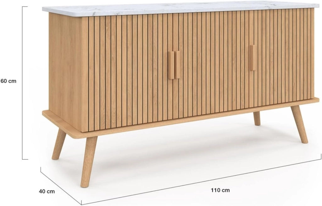 Credenza JULIETTE 110 cm, piano effetto marmo, 3 ante a doghe, doghe in legno color rovere