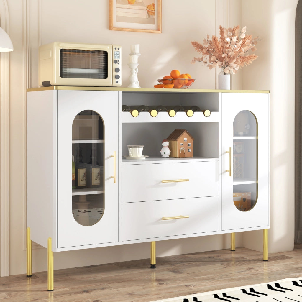 Credenza con 2 Ante in Vetro; 2 Cassetti e Portabottiglie; Maniglie Dorate; Piede Regolabile; in MDF; 120??38??90 cm; Bianco