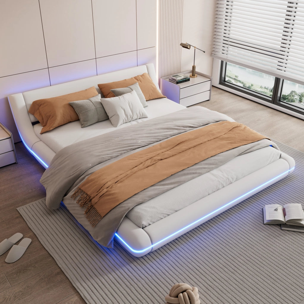 LETTO a pavimento 160x200 cm in PU bianco con illuminazione LED