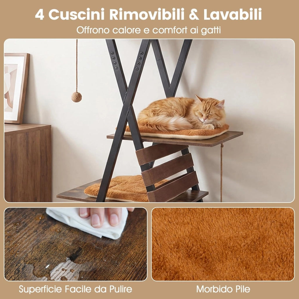 Tiragraffi per Gatti Grande, Albero per Gatti Multilivelli con 3 Pompon Pendenti, Elastici, Tappetino da Graffiare, Cuccia, Trespolo e 4 Cuscini Rimovibili, Centro Attività per Gatti