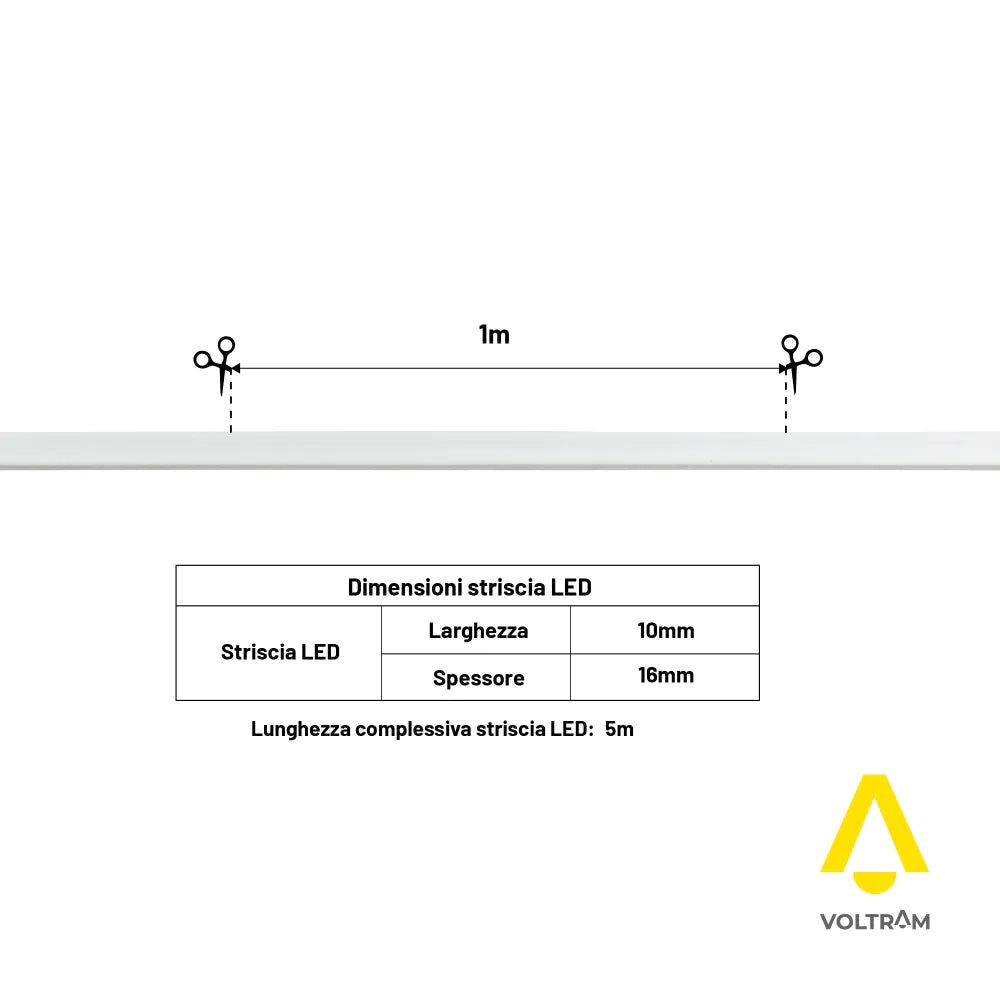 Striscia LED neon flex 220V 5m tagliabile ogni 1m 9W/m luce fredda 6000K IP67