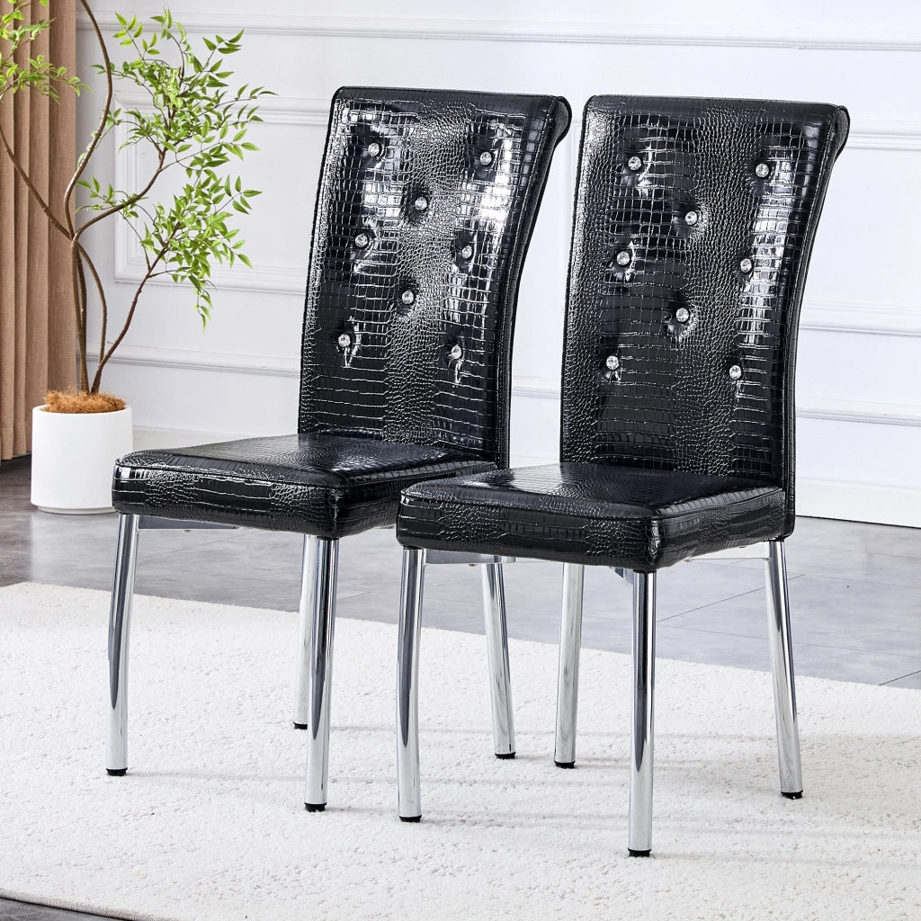 Sedia da Pranzo Set da 2 con Schienale Imbottito, Gambe in Metallo, PVC Nero, 76 × 49.5 × 46 cm