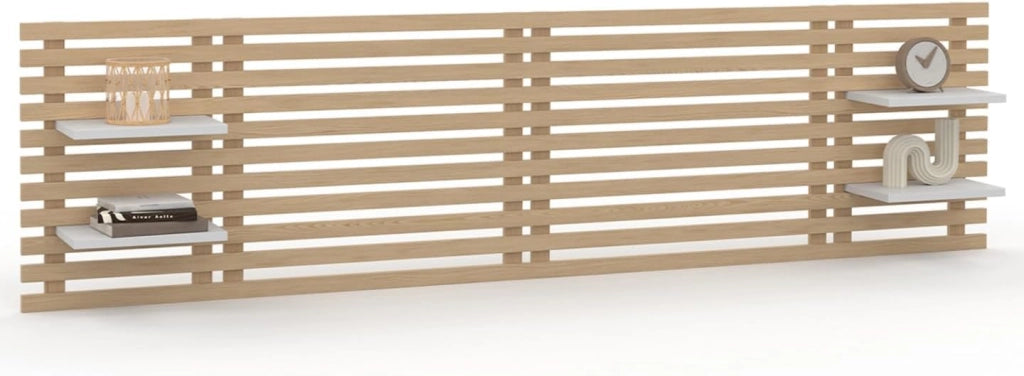 Testiera effetto doga 240 cm in legno chiaro e ripiani bianchi AVA