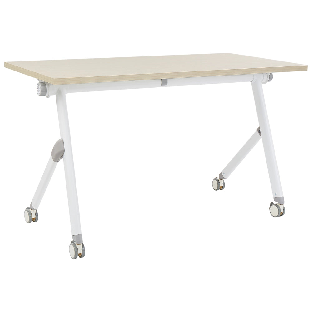 Scrivania rettangolare pieghevole con rotelle portatile con struttura in metallo legno chiaro e bianco 120 x 60 cm stile moderno