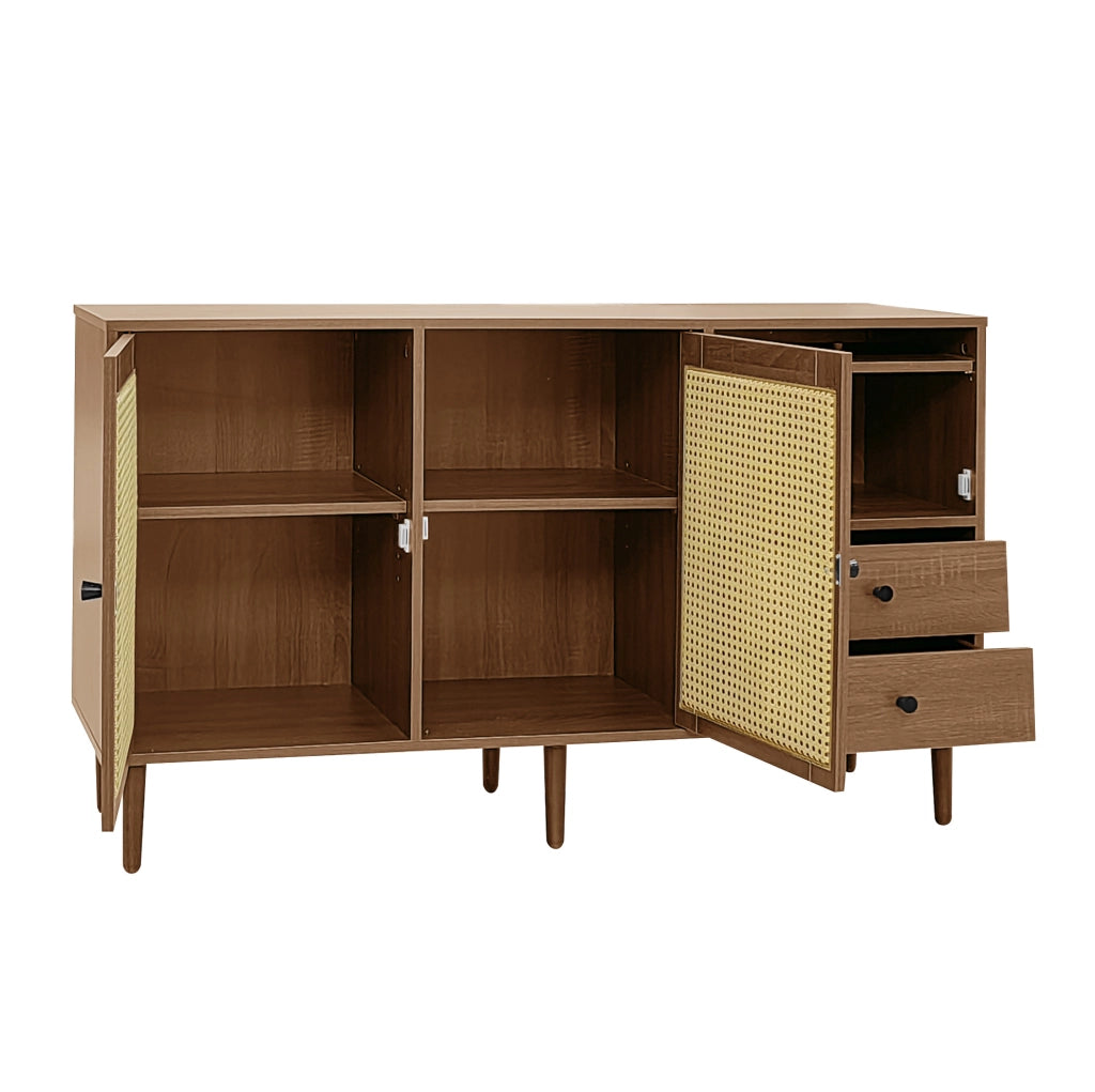 Credenza 130x75.5x40 cm con ante effetto rattan e ripiani regolabili; pannello truciolare