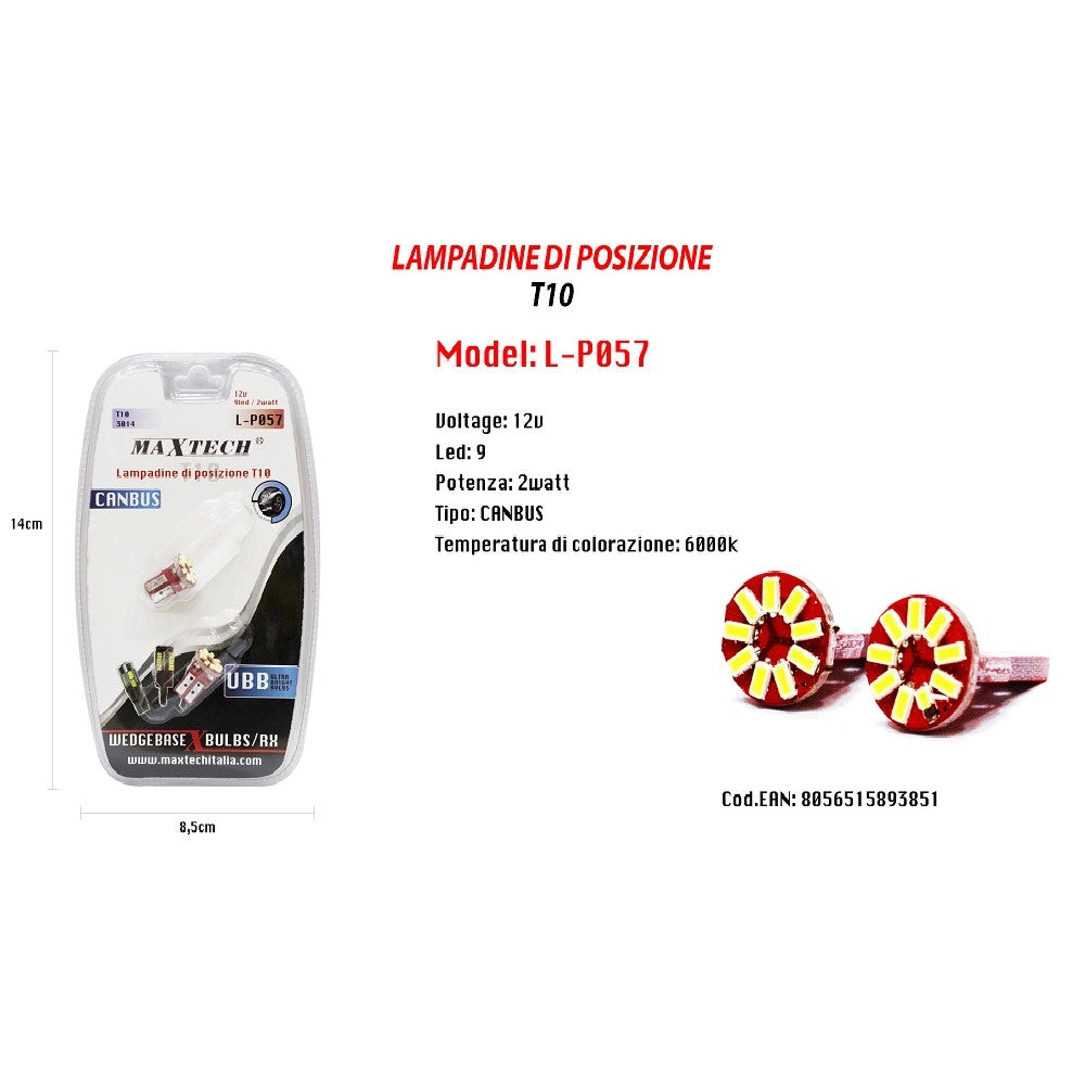 Trade Shop - Lampadine Di Posizione Canbus Maxtech L-p057 12v 9 Led 2w 6000k Ultra Luminose -