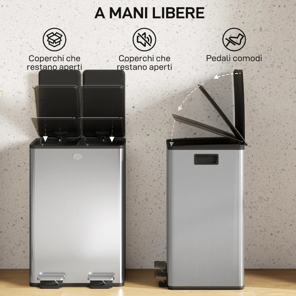 Cestino per la Raccolta Differenziata 28L ¨C Zephmum ¨C Acciaio Inox, Argento, 45.8x36x67.6 cm