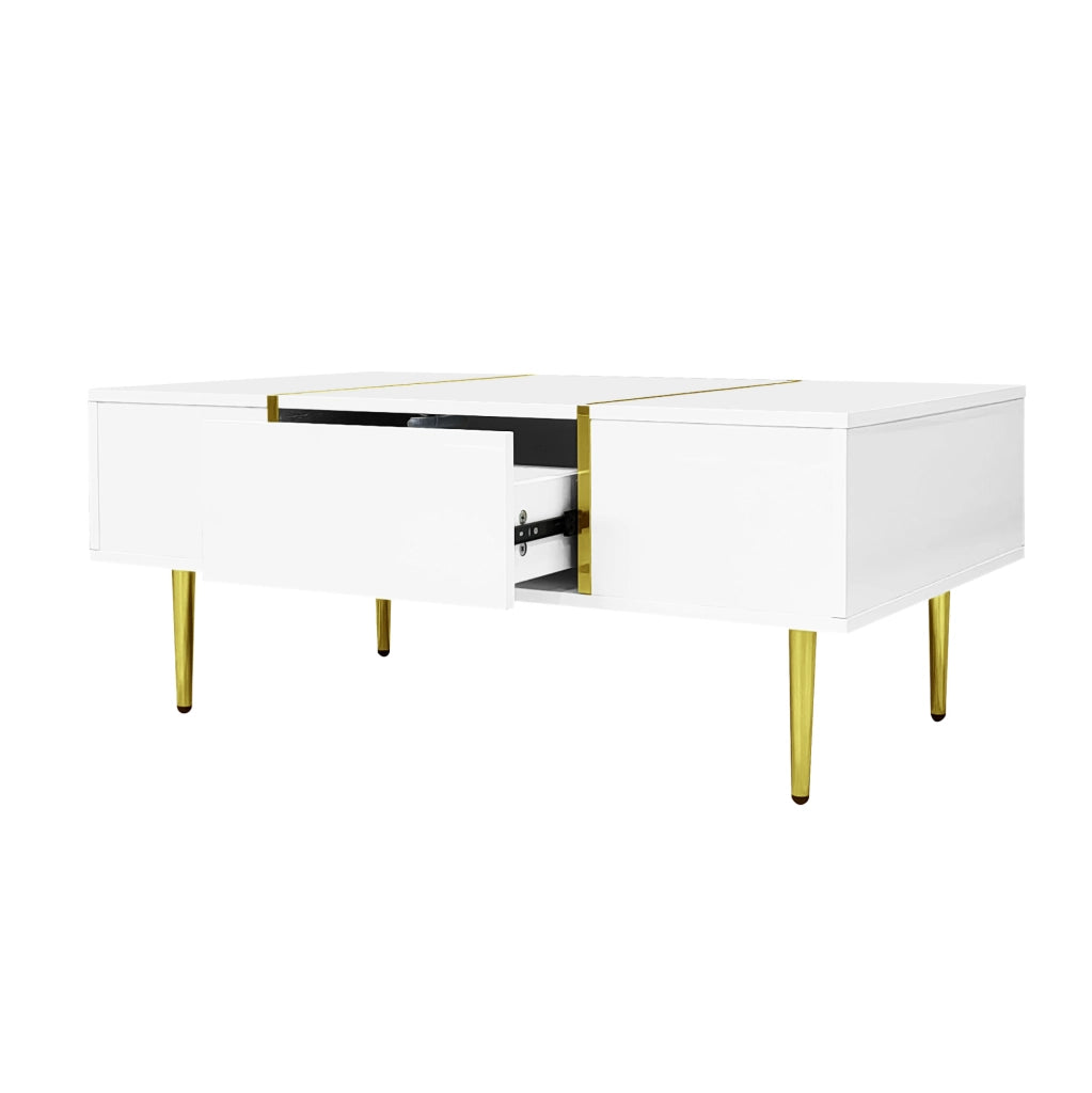 Tavolino da caffè moderno bianco lucido 100 x 60 x 41;5 cm in MDF con 2 cassetti