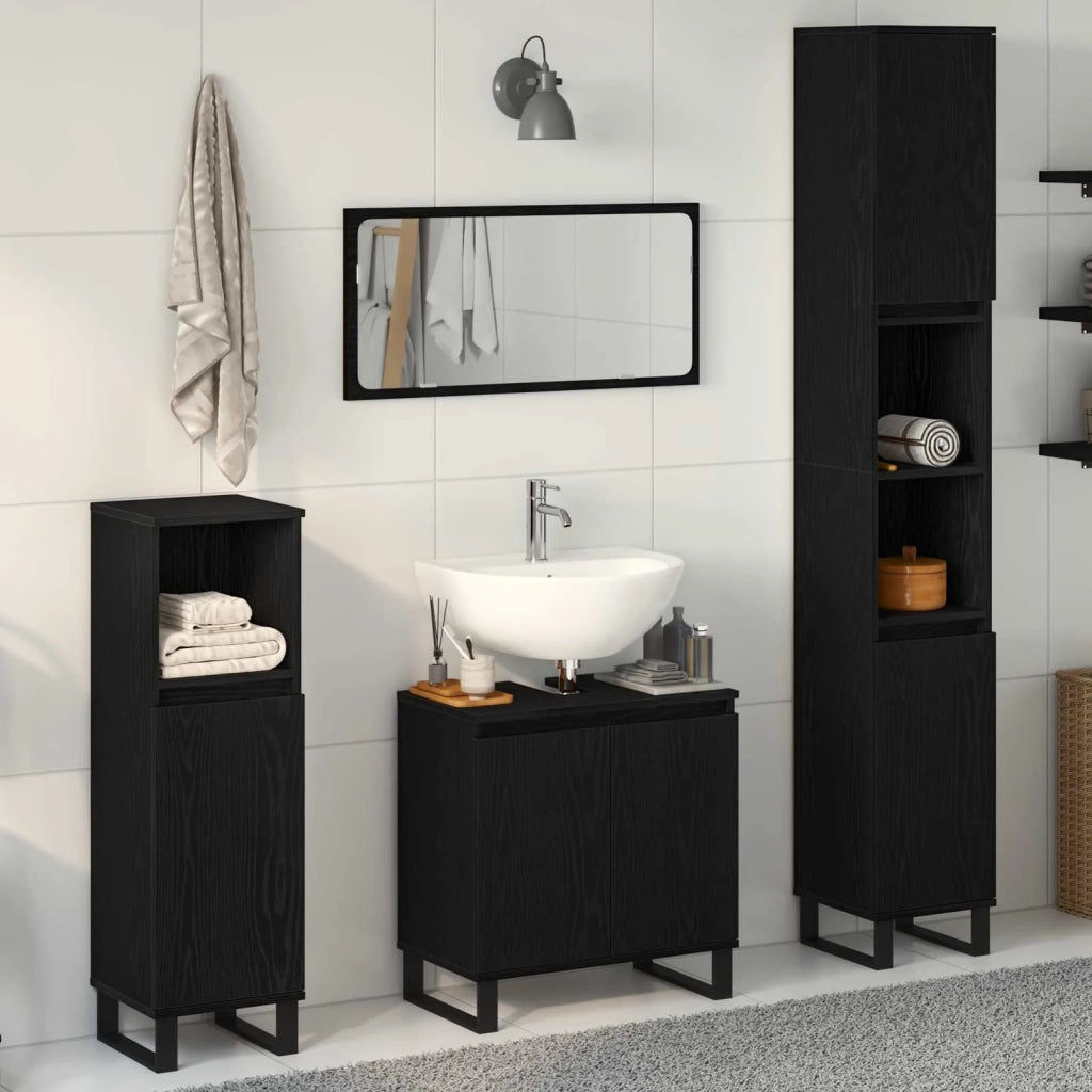 Set di mobili per il Bagno | Armadio da bagno Montaggio a parete 3 pz Rovere Nero