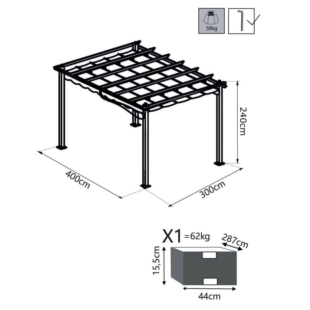 Pergola da Giardino 3x4 m in Alluminio Tortora Telo Grigio