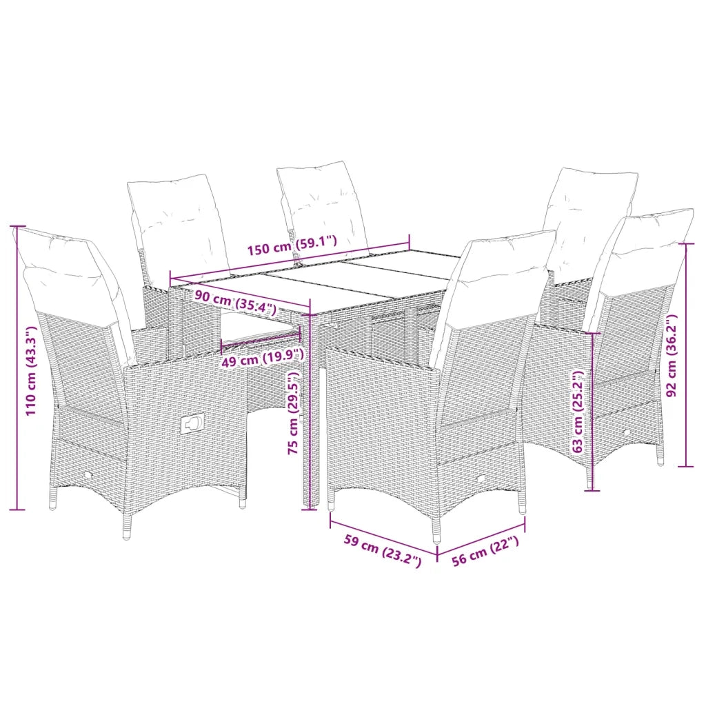 Set da Pranzo da Giardino 7 pz con Cuscini in Polyrattan Grigio