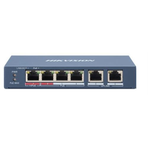 Switch hikvision l2, unmanaged, 4 10/100m rj45 poe ports, 2 10/100m rj45 uplink ports, 802.3af/at/bt, port 1 support hi-poe 60w - DS-3E0106HP-E