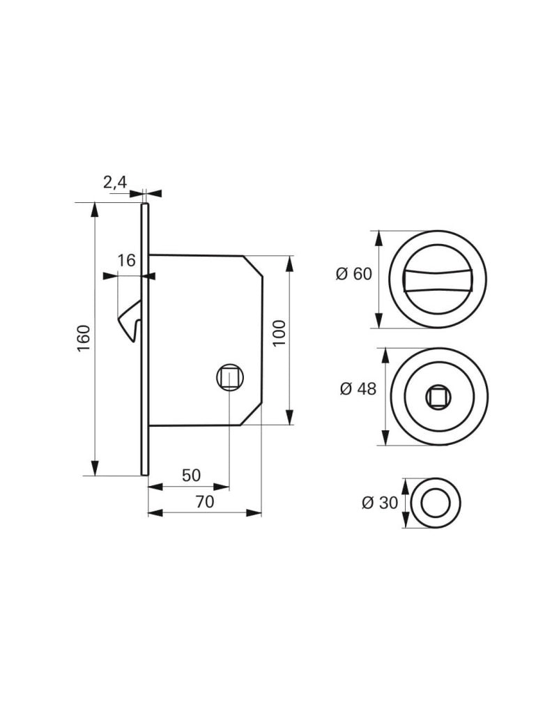 Serratura a gancio per porta scorrevole, asse 50 mm, chiusura WC, cromo satinato – THIRARD