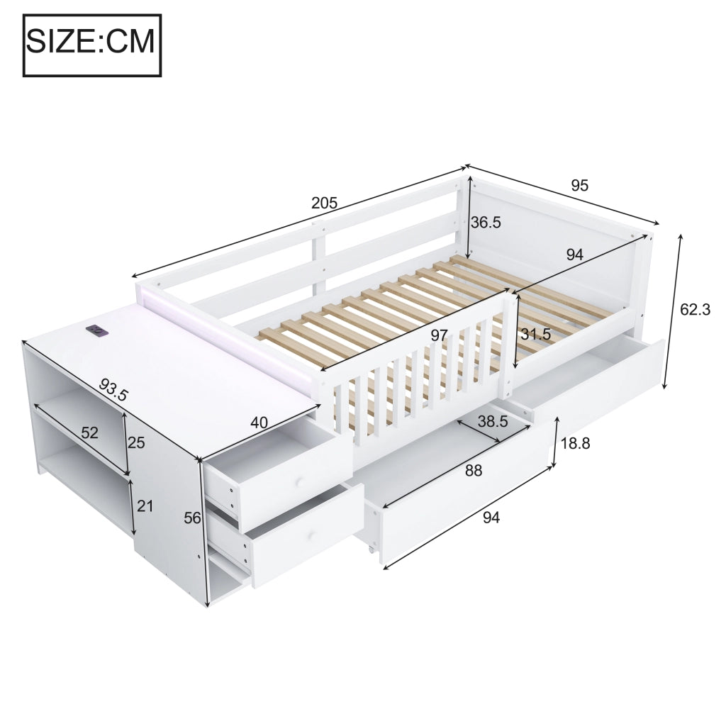 LETTO 90x200 cm in legno bianco con contenitore separato