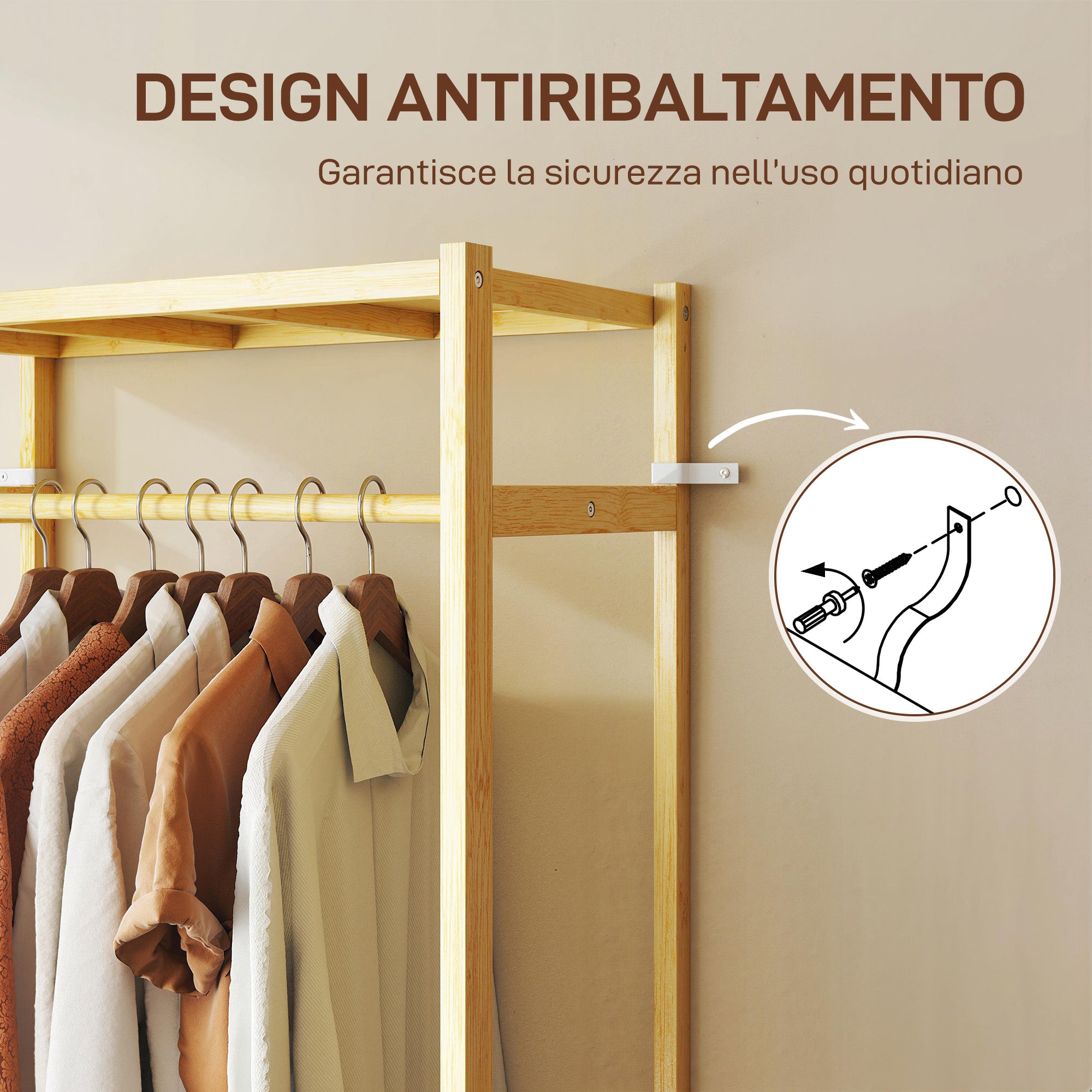 Stand Appendiabiti da Terra 70x35x175 cm con Barra Ripiani e 4 Ruote in Bambù Legno Naturale