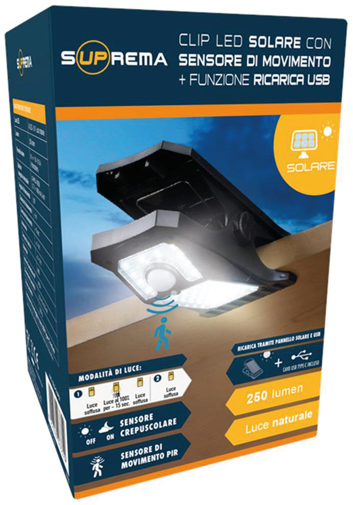 Suprema PROIETTORE SOLARE CON CLIP, 45 led, 2 watt, 250 lumen, luce naturale