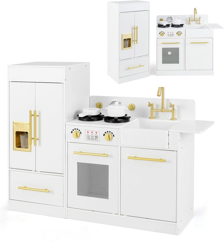 Cucina Giocattolo per Bambini, Cucina per Bambini in Legno con Frigorifero, Fornello, Lavandino, Macchina per il Ghiaccio, Orologio, Lavastoviglie e Accessori, per 3+ Anni