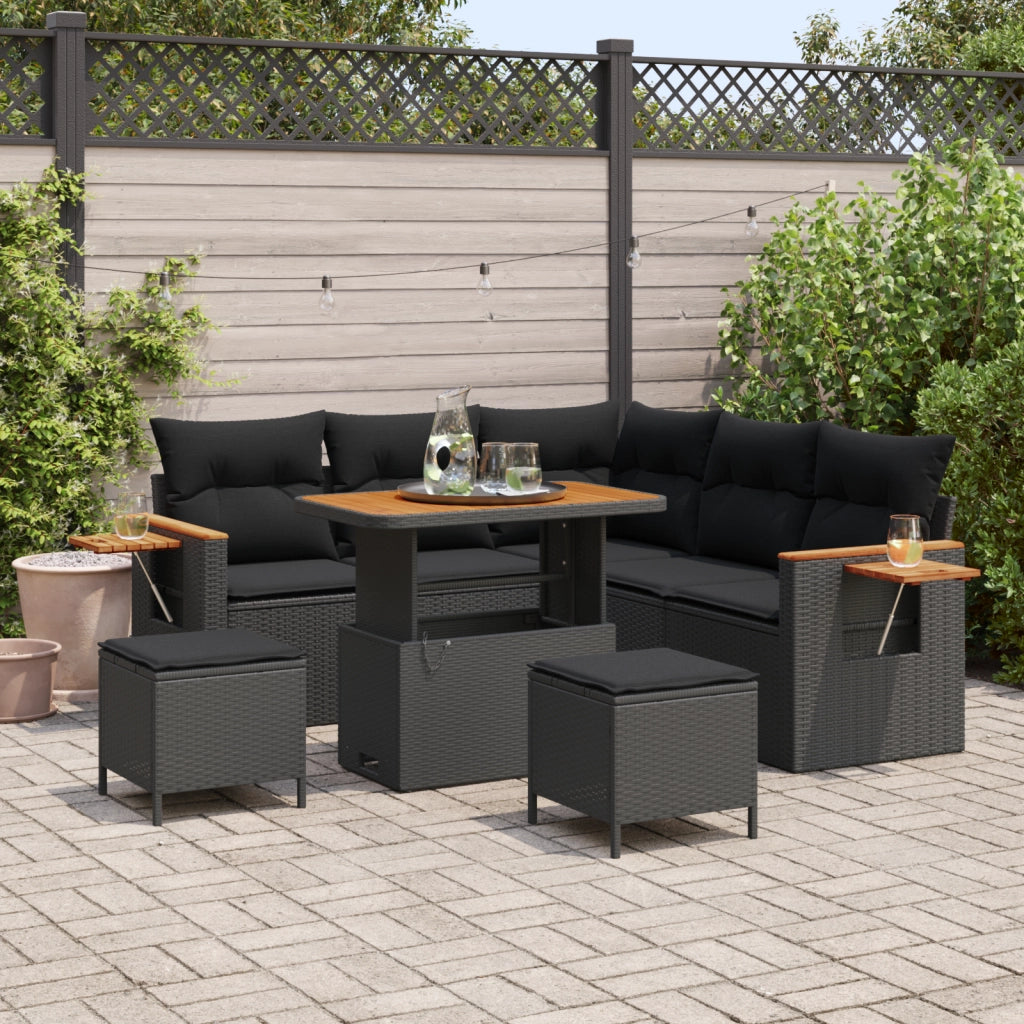 Set Divano da Giardino 8 Pezzi con Cuscini Nero Polyrattan Acacia