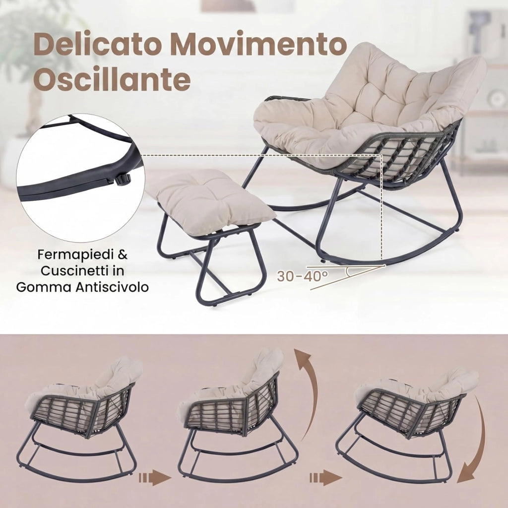 Sedia a Dondolo da Interno ed Esterno, Poltrona a Dondolo con Poggiapiedi e Cuscini Rimovibili, Poltrona Relax in Rattan con Telaio in Metallo per Soggiorno e Giardino, Portata 150 kg (Beige)