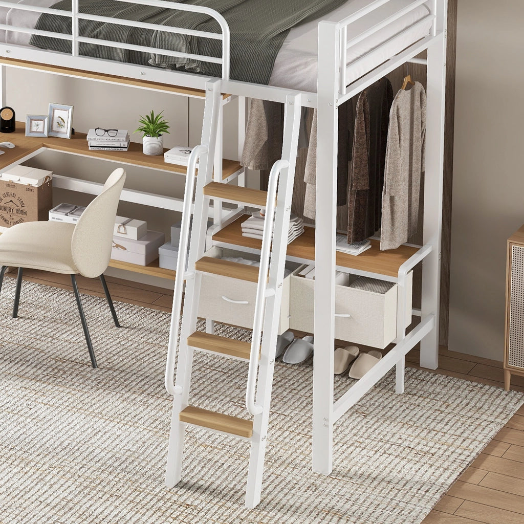 Letto a soppalco in ferro e MDF 90x200 cm con scrivania, 2 box in tessuto e scaffale, bianco naturale