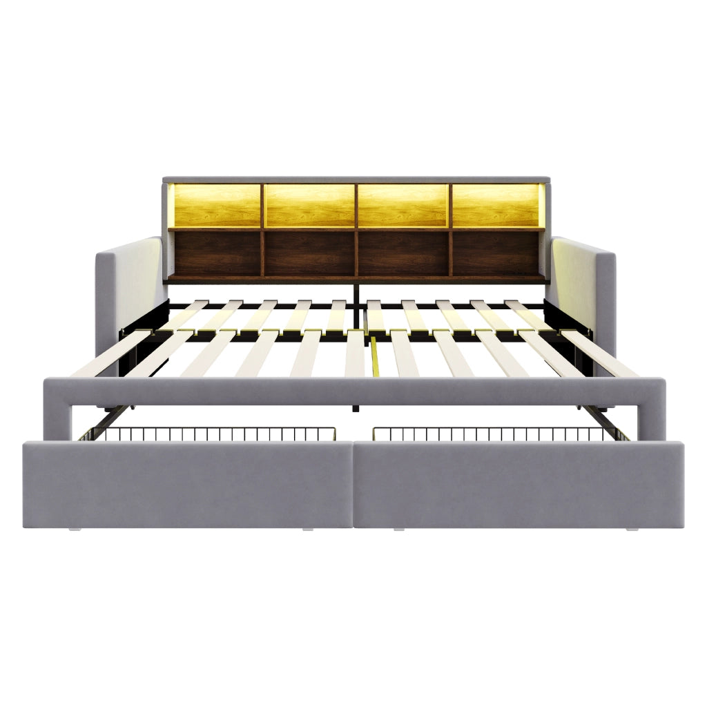 Letto imbottito estraibile 90x190 cm con contenitore, LED, prese USB/Tipo C, due cassetti e rete a doghe, velluto grigio chiaro