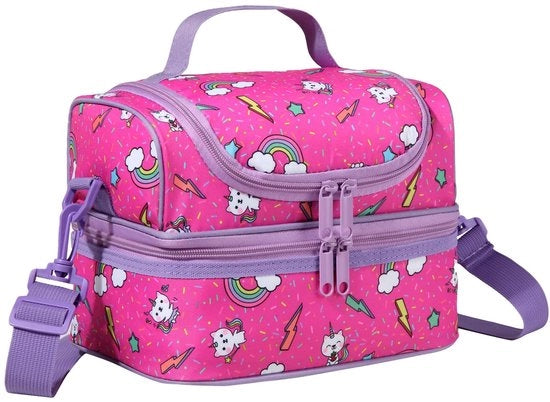 Borsa di Picnic per Bambine, Borsa Isolante per Bambine con Due Compartimenti e Tasca Rimovibile per Bambini con Modello di Gatto Rosa