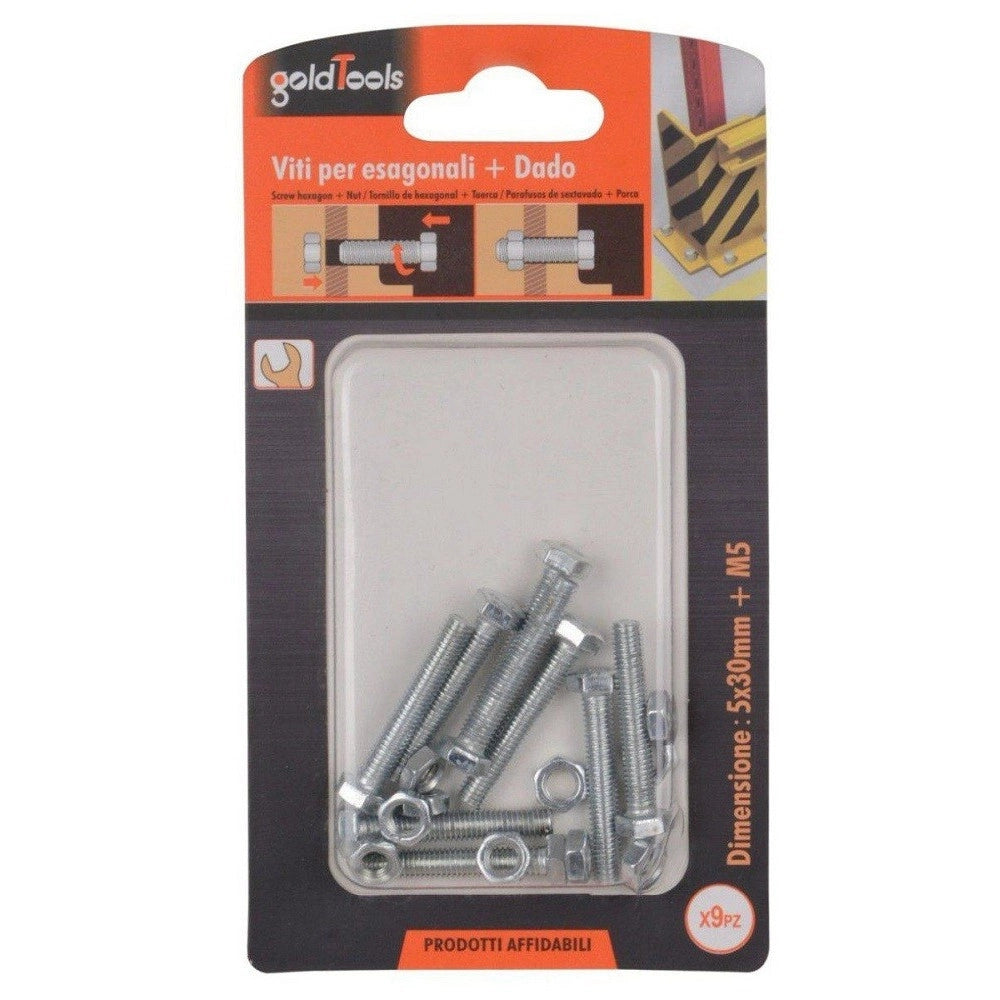 Trade Shop - Set 9pz Vite Viti Per Esterno A Testa Esagonali 5 X 30 Mm Con Dadi Dado M5 90911 -