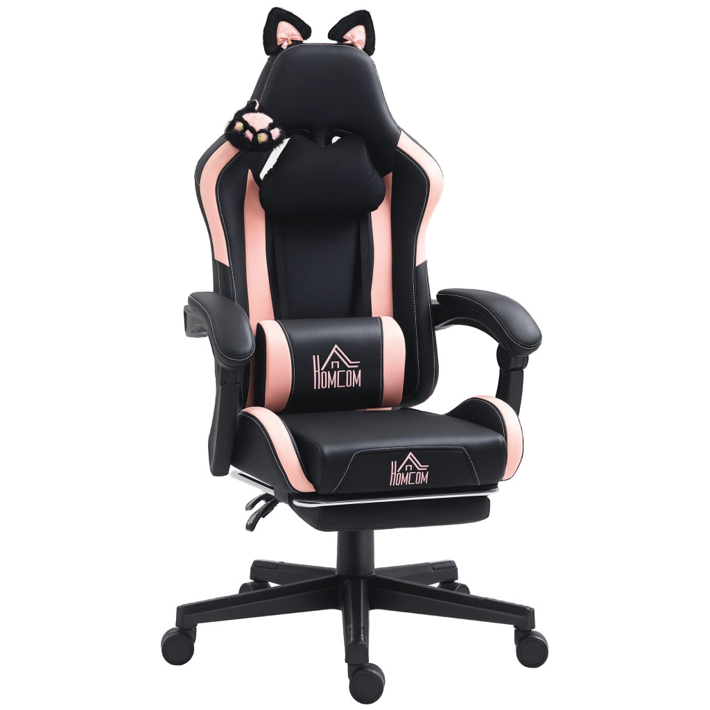 Poltrona Gaming con Orecchie Gatto ¨C Zephmum ¨C Rosa e Nero, Reclinabile, Poggiapiedi Estraibile