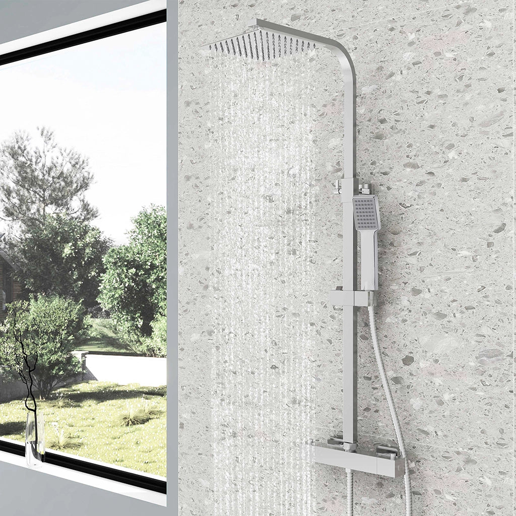 AICA Colonna doccia con miscelatore termostatico, rubinetto doccia rettangolare 28x4cm, soffione doccia quadrato 20x20cm in acciaio inox cromato
