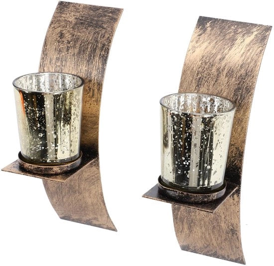 Supporto per candela in metallo e vetro con contenitore per cera - design rustico - altezza 20 cm - larghezza 6,5 cm