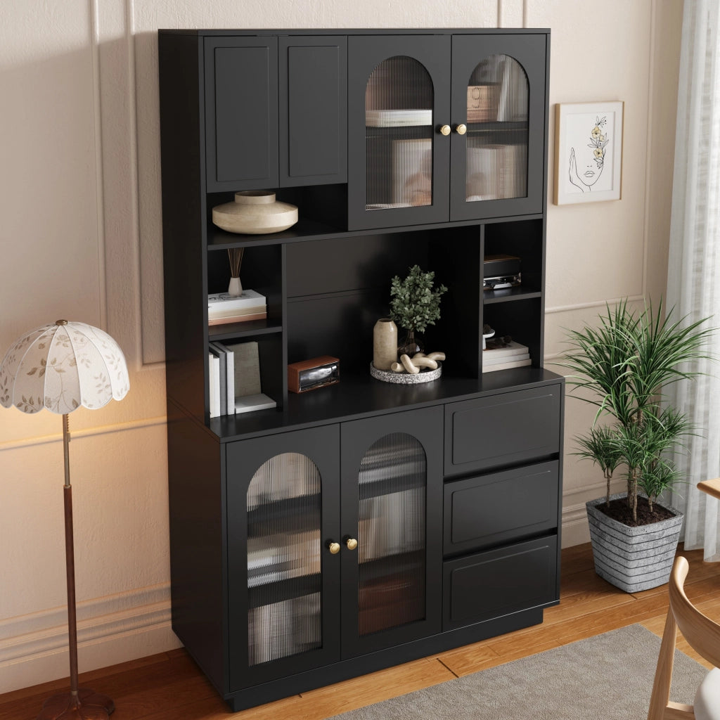 Credenza alta da cucina con LED controllabile tramite app; 106x30x175 cm; nera