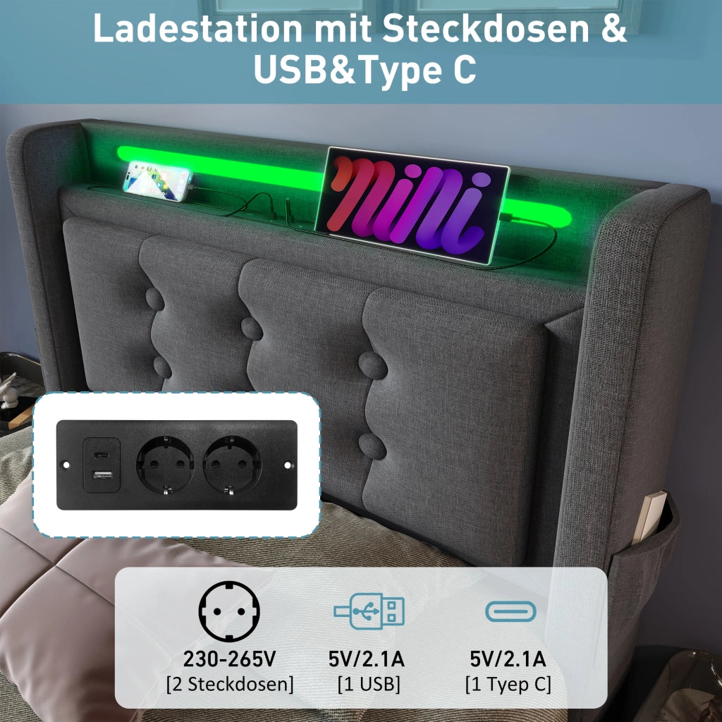 Letto Contenitore Letto Singolo 90 x 200 cm con LED; USB; Tipo C e Ripiano; senza Materasso; Grigio