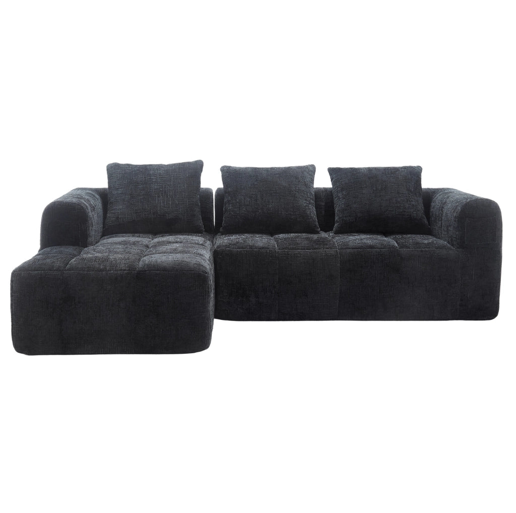 Divano angolare 250x158x60 cm con penisola; tasche laterali e 3 cuscini in chenille nero